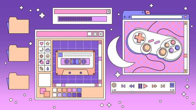 Linear retro vaporwave desktop wallpaper. Abstract vintage aesthetic background. Modern comic illustrations. Trendy, nostalgic, colorful style 80s, 90s. Posters, social media posts, story template.