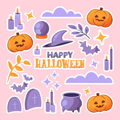 Set of Halloween isolated elements. Stickers with Halloween pumpkin, Crystal Ball, bat, candles and others 