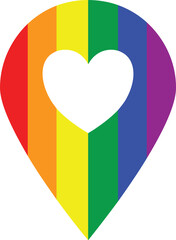 Gps map pin icon in rainbow colors with vertical angle. Heart shaped hole in the middle. For tagging locations of lgbt pride events on the map.  
