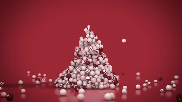 Christmas tree made of globes with different prints and star on red background. Growing funny Christmas tree animation. Holidays symbol. 4k