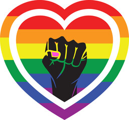 Human fist a inside a heart shaped frame. Pink nail polish detail. Rainbow colors. Lgbt concept.