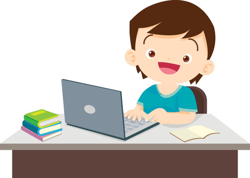 cute student boy working with computer