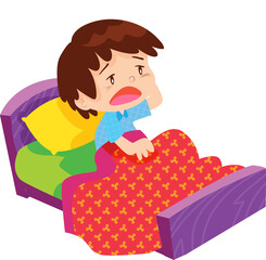 sleepless boy character on the bed.Cute boy is sleepy