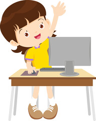 student girl learning computer hand up