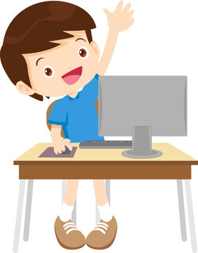 student boy learning computer hand up