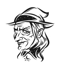 Old witch looking at the viewer, vector linear portrait