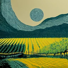 Wandcirkels tuinposter Landscape illustration with fields and hills © Ninio