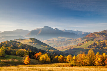 Beautiful mountainous rural landscape in autumn morning. The Mala Fatra national park in northwest of Slovakia, Europe.