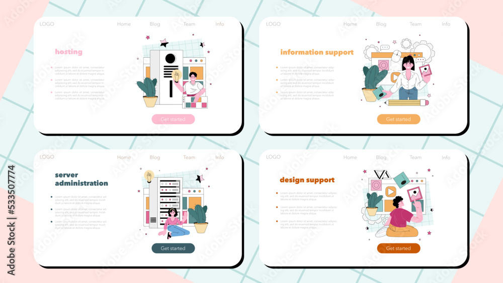 Poster website technical support web banner or landing page set. idea of web