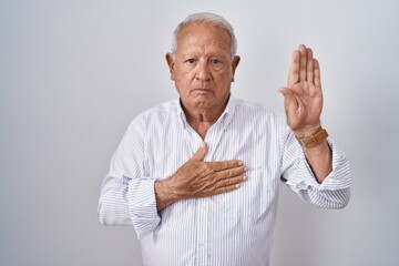 Senior man with grey hair standing over isolated background swearing with hand on chest and open...