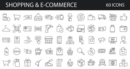 Fototapeta na wymiar Set of 60 Thin lines web icons - E-commerce, Shopping Delivering, Store, Marketing, Money, Black Friday