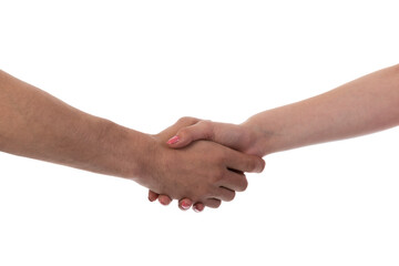 Man and woman shaking hands, isolated on transparent background