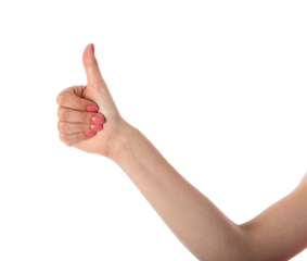 Female hand showing thumb up isolated on transparent background