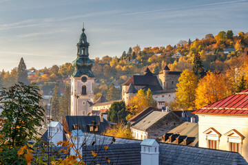 Tower of The Old Castle in Banska Stiavnica at an autumn season, Slovakia, Europe.