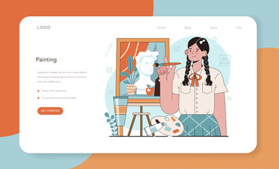 Art school education web banner or landing page. Student holding