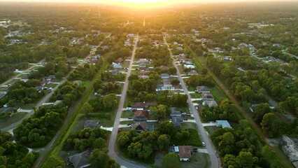 Aerial landscape view of suburban private houses between green palm trees in Florida quiet rural area at sunset - Powered by Adobe