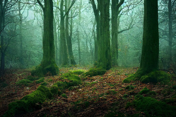 Wald mit Moos im Herbst - obrazy, fototapety, plakaty