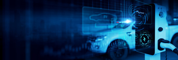 Electronic vehicle charging station control stop refuel point, hand pressing starting charge energy button, electric power EV car futuristic eco environmental friendly energy, blue banner background