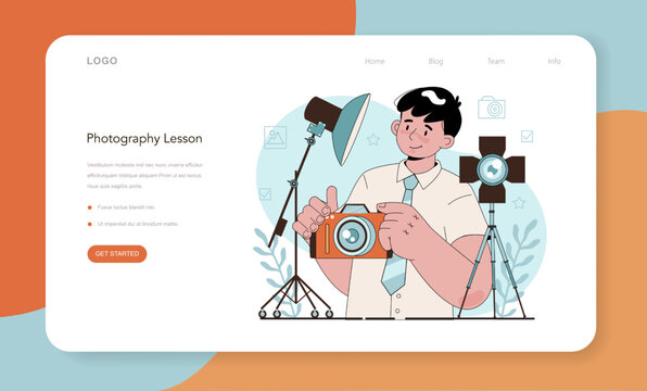 Photography school club web banner or landing page. Students lerning