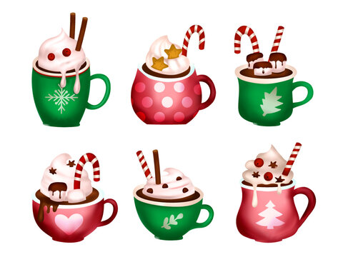 Hot chocolate cup Christmas coffee 3d cartoon vector latte drink set
