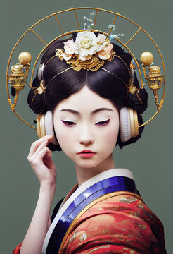 geisha in headphones