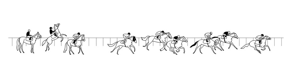 Racehorses with jockeys at the moment of the competition, simple, black and white, vector illustration