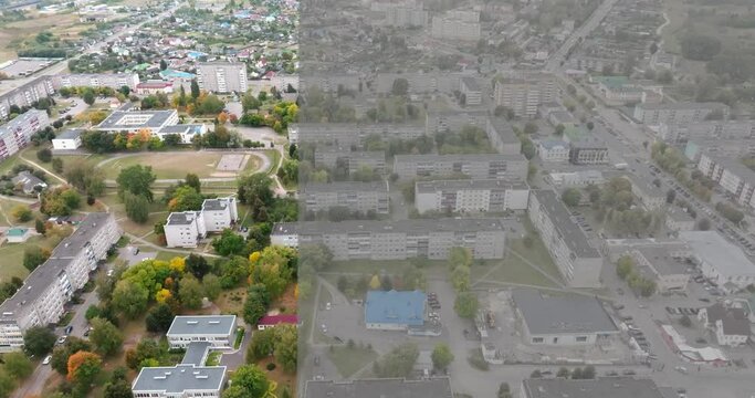 transition on video of flight over the city with result before and after color grading with applying the lut, look up table, to video raw log file