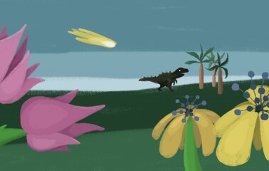 Meteorite fa estinguere i dinosauri, illustrazione di  paesaggio giurassico, estinzione specie animale,, fine del mondo, stile disegno a mano, tutela ambiente e madre terra