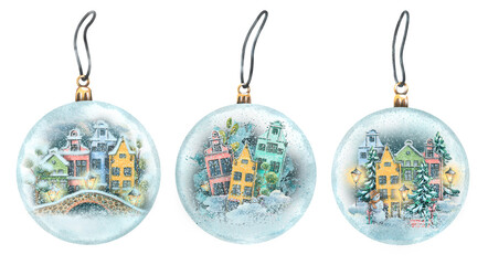 Glass Christmas balls, transparent with cute houses inside and snow. Watercolor illustration. Three isolated toys on a white background. For the decoration and design of the new year and winter.