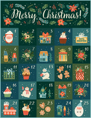 December advent calendar. Cute Christmas illusstrations with new year symbols. Vector design.