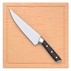 Chef's kitchen knife on a wooden board isolated on white background.