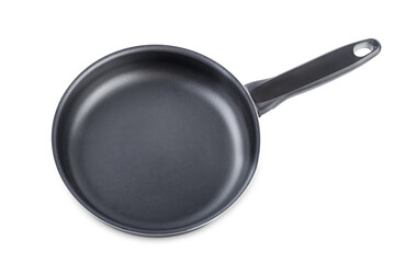 Black frying pan on a white isolated background