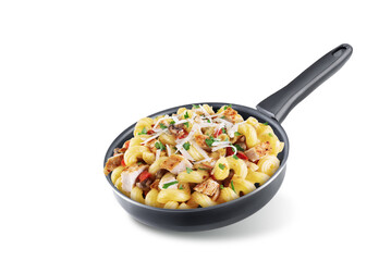 Roasted chicken mushroom pepper pasta in a pan on a white isolated background