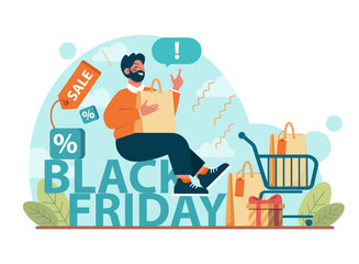 Black friday concept. Happy character rush to purchases. Shopping cart