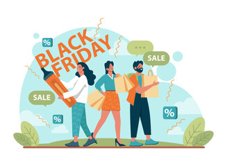 Black friday concept. Happy character rush to purchases. Shopping cart