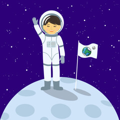 A smiling Asian boy stands on the moon with a flag and greets us.