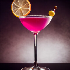 Cosmopolitan. Cocktail. Glossy. Martini glass. Citrus vodka. Cointreau, lime juice, cranberry juice.