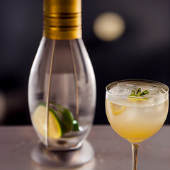 French 75 cocktail. Glossy photograph. Studio lighting. Gin, Syrup, lemon juice.