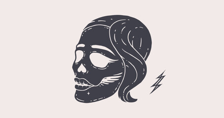 Skull girl. Poster of vintage black skull woman, hipster label, portrait girl on white background. Retro old school illustration for t-shirt print, tattoo, fashion theme. Vector Illustration