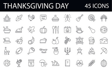 45 thanksgiving day thin line icon set. Holiday diner, food, drink vector linear symbol pack. graphic collection. 