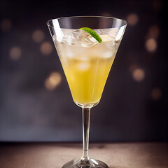French 75 cocktail. Glossy photograph. Studio lighting. Gin, Syrup, lemon juice.