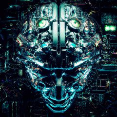 Heavy metal mind digital illustration of science fiction scary robotic skull artificial intelligence hardwired to computer core. Steampunk style elements. Concept art poster design.