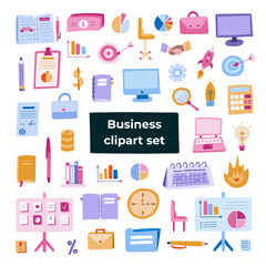 Big business set with colorful hand drawn clipart in doodle style. Vector illustrations isolated. Briefcase, lamp, money and finances, laptop, computer, planner, calendars, target, deadline, chart.