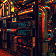 Digital illustration of artificial intelligence controlled server room, boiler room style, with steam punk-style details. Industrial style illustration for poster, concept art design.