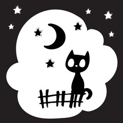 Black and white halloween vector background with cat on fence, moon, stars and cloud-shaped frame