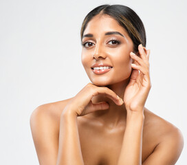 Woman Face Skin Care Cosmetic. Indian Beauty Model showing Perfect Chin and Cheekbones. Women...