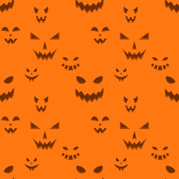Halloween seamless pattern of emotions of pumpkins. Scary carved faces on a orange background. Great for seasonal textile prints, holiday banners, wrapping or wallpapers. Vector illustration
