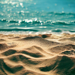 Close-up of glowing sand dunes on beautiful and calm sea waves background