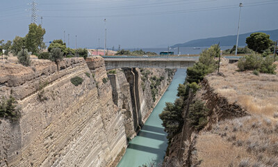 The Corinth Canal, connects the Gulf of Corinth in the Ionian Sea in the west with the Saronic Gulf in the Aegean Sea in the east, Peloponnese, Greece