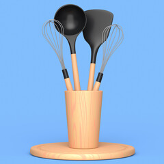 Silicon kitchen utensils, tools and equipment in holder on blue background.